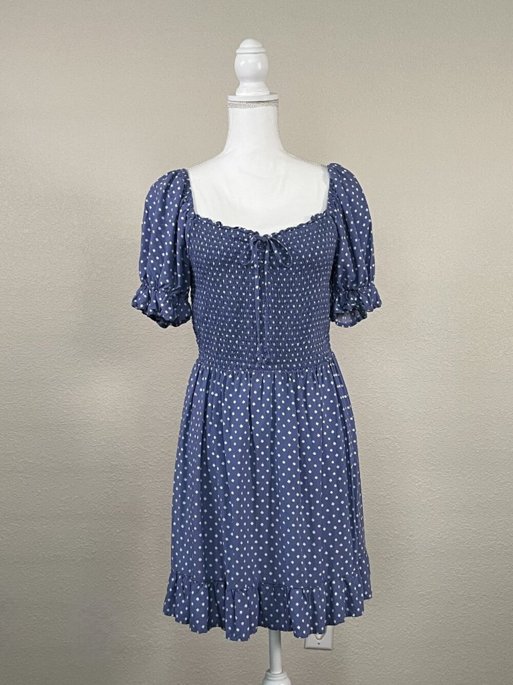 June & Hudson Periwinkle Swiss Dot Smocked Babydoll Dress Puff Sleeves Size XL